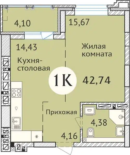 1-комнатная квартира 43 м² Заельцовский New