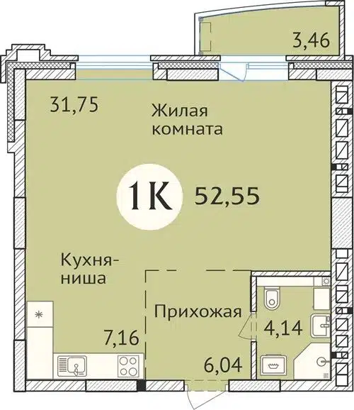 1-комнатная квартира 52.6 м² Заельцовский New