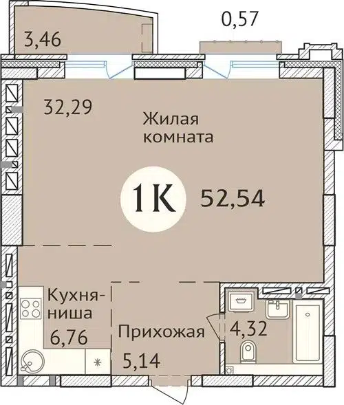 1-комнатная квартира 52.7 м² Заельцовский New
