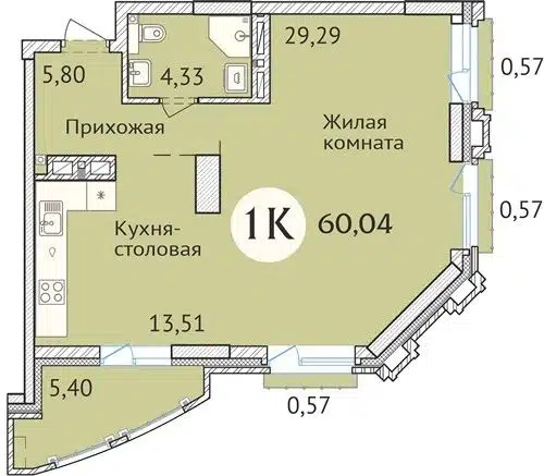 1-комнатная квартира 60.2 м² Заельцовский New