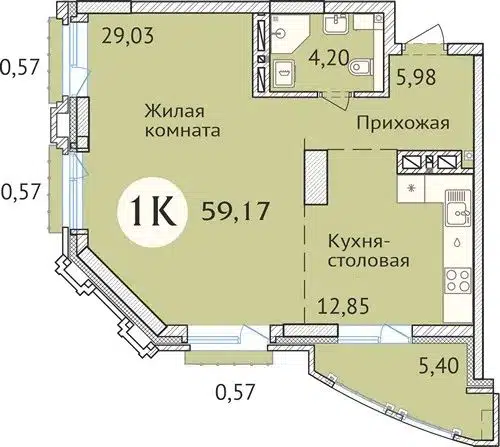 1-комнатная квартира 58.8 м² Заельцовский New
