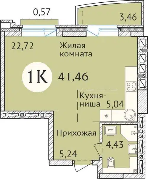 1-комнатная квартира 41.2 м² Заельцовский New