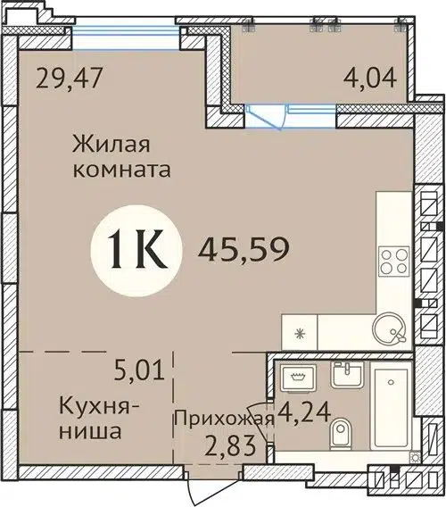 1-комнатная квартира 46.2 м² Заельцовский New