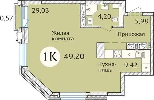 1-комнатная квартира 49.8 м² Заельцовский New