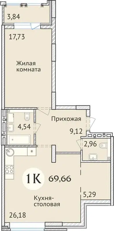 1-комнатная квартира 69.9 м² Заельцовский New
