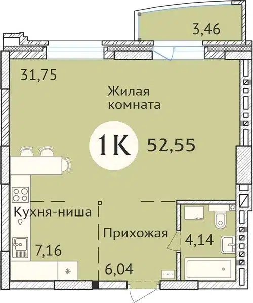 1-комнатная квартира 52.9 м² Заельцовский New