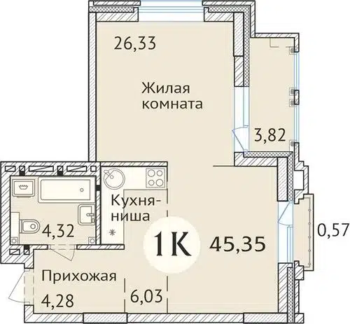 1-комнатная квартира 45.3 м² Заельцовский New