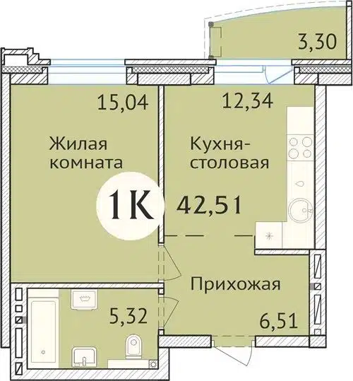 1-комнатная квартира 42.6 м² Заельцовский New