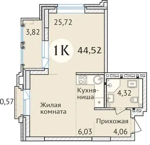 1-комнатная квартира 44.4 м² Заельцовский New