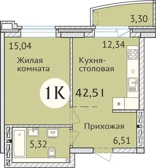 1-комнатная квартира 42.3 м² Заельцовский New