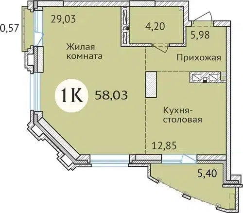 1-комнатная квартира 57.9 м² Заельцовский New