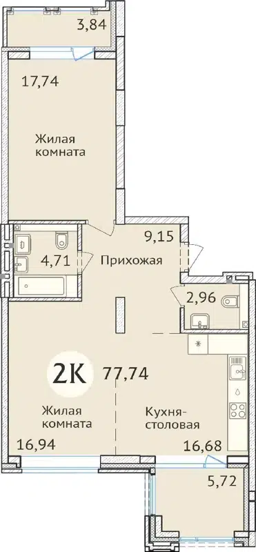 2-комнатная квартира 77.3 м² Заельцовский New