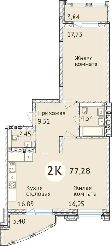 2-комнатная квартира 77 м² Заельцовский New