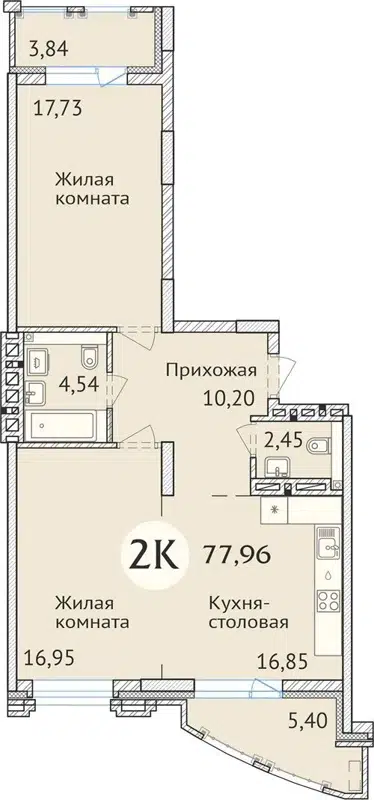 2-комнатная квартира 77.9 м² Заельцовский New