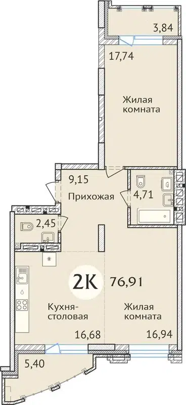 2-комнатная квартира 77.5 м² Заельцовский New