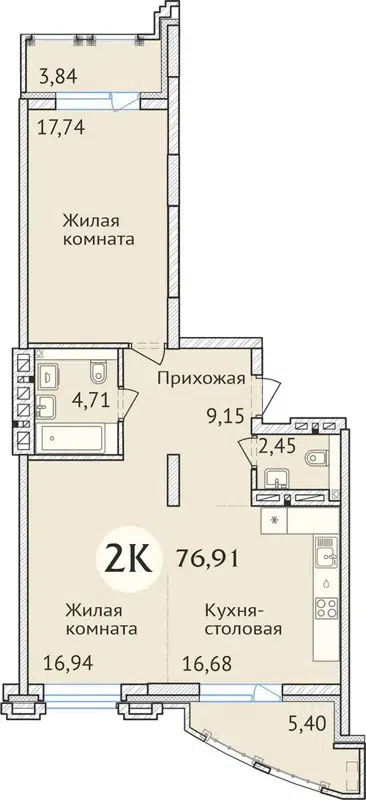 2-комнатная квартира 76.7 м² Заельцовский New
