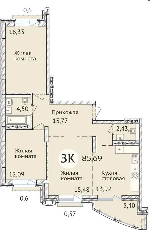 3-комнатная квартира 86 м² Заельцовский New