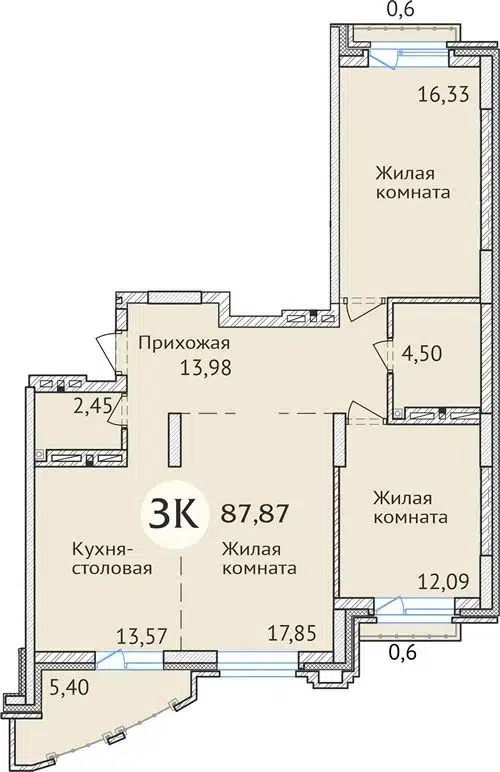 3-комнатная квартира 87.8 м² Заельцовский New
