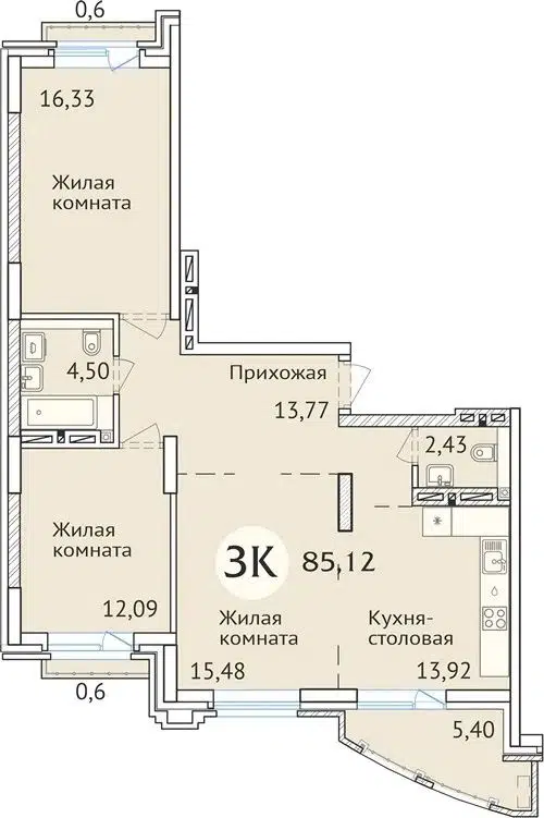 3-комнатная квартира 85.3 м² Заельцовский New