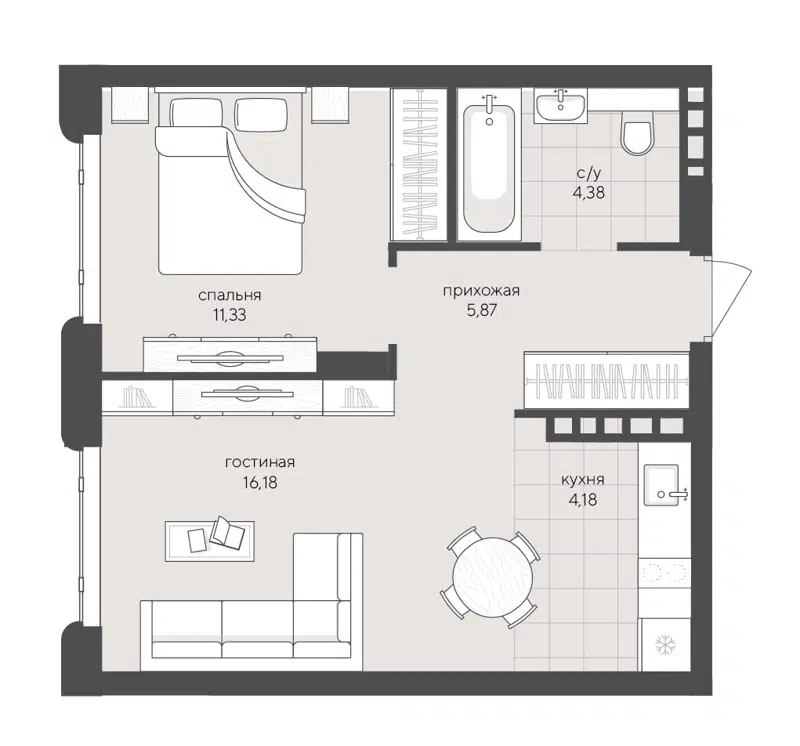 1-комнатная квартира 41.94 м² Скандиа
