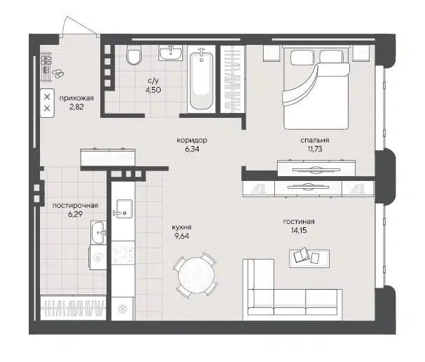 1-комнатная квартира 55.47 м² Скандиа