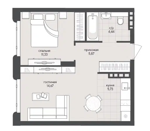 1-комнатная квартира 42.04 м² Скандиа