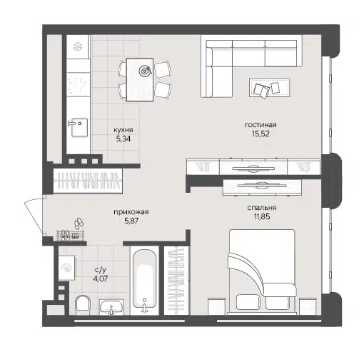 1-комнатная квартира 42.65 м² Скандиа