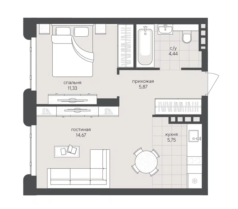 1-комнатная квартира 42.06 м² Скандиа