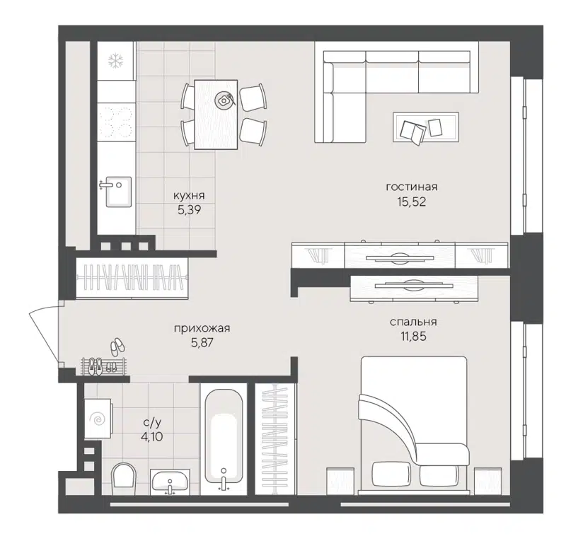 1-комнатная квартира 42.73 м² Скандиа