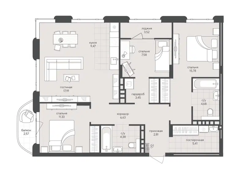 2-комнатная квартира 94.8 м² Скандиа