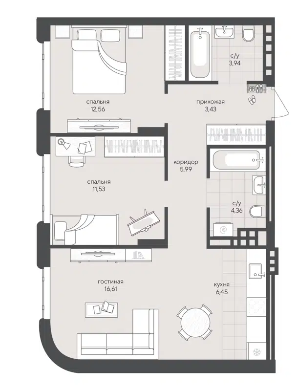 2-комнатная квартира 64.87 м² Скандиа
