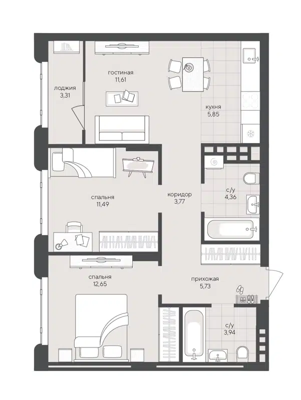 2-комнатная квартира 62.71 м² Скандиа