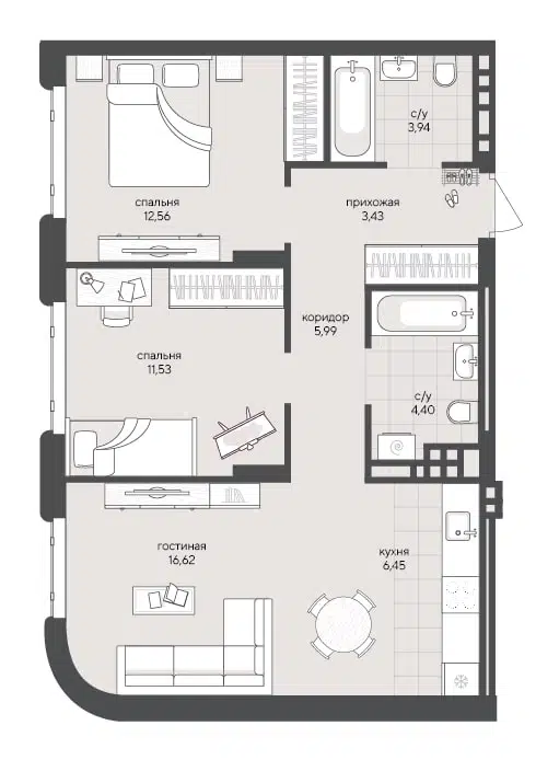 2-комнатная квартира 64.92 м² Скандиа