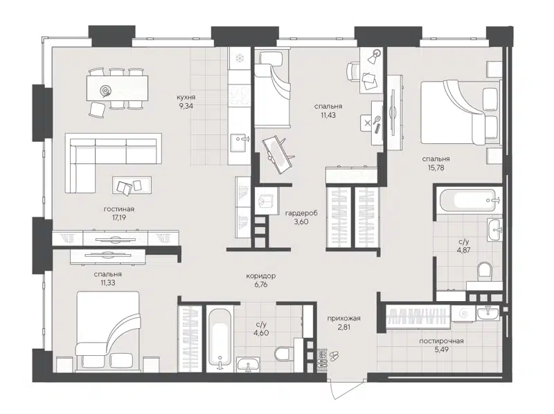 3-комнатная квартира 93.2 м² Скандиа