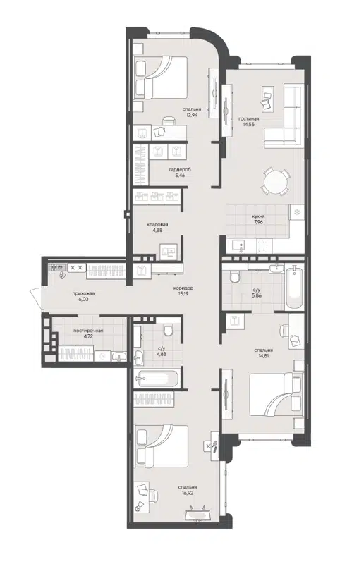 3-комнатная квартира 114.2 м² Скандиа