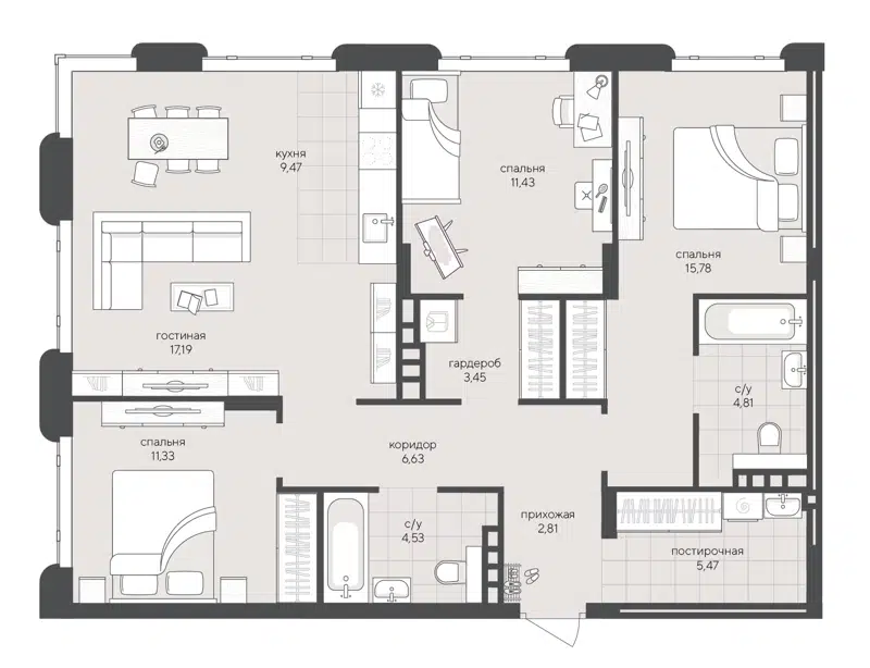3-комнатная квартира 92.9 м² Скандиа
