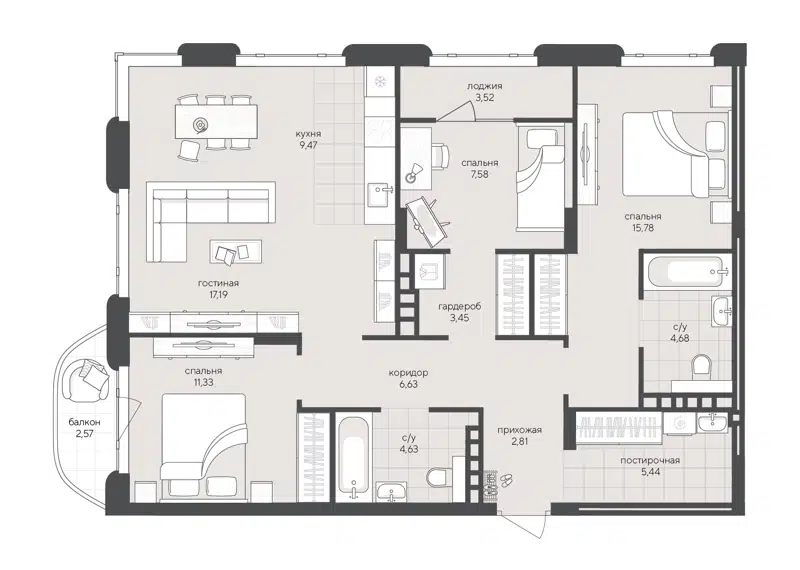 3-комнатная квартира 94.91 м² Скандиа