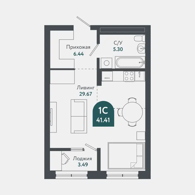Студия 41.2 м² Тихомиров