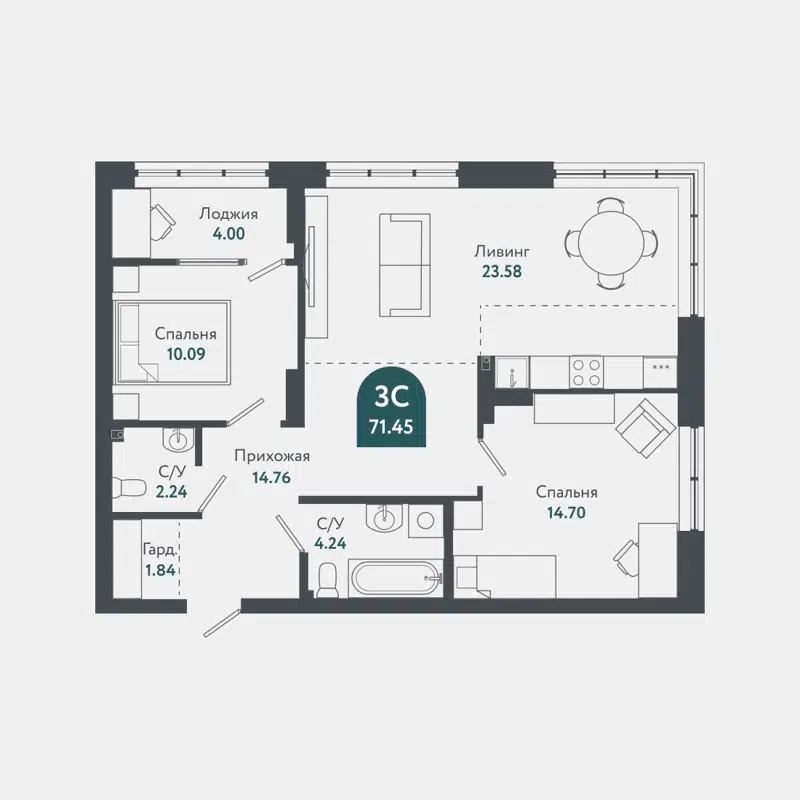 3-комнатная квартира 71.5 м² Тихомиров