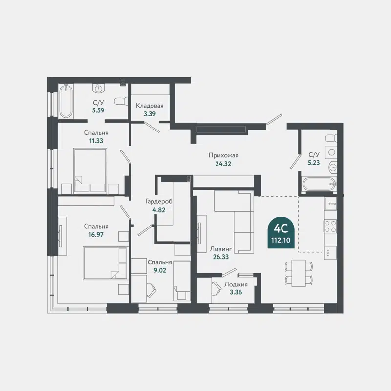 4-комнатная квартира 112.2 м² Тихомиров