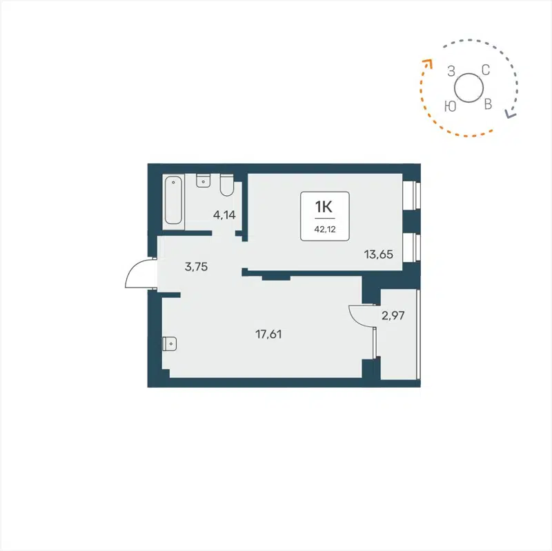 1-комнатная квартира 42.12 м² Расцветай на Авиастроителей