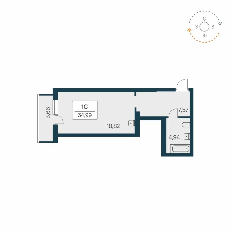 Студия 34.5 м² Расцветай на Зорге