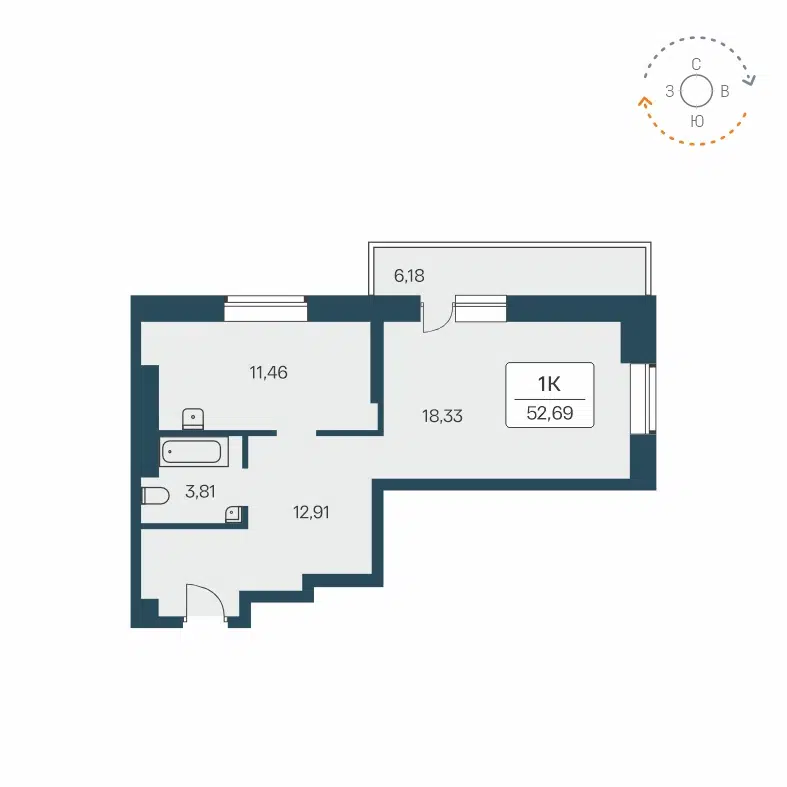 1-комнатная квартира 52.8 м² Расцветай на Зорге