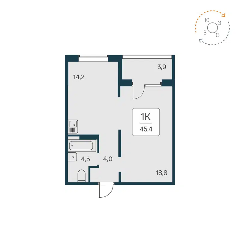 1-комнатная квартира 45.4 м² Квартал на Игарской