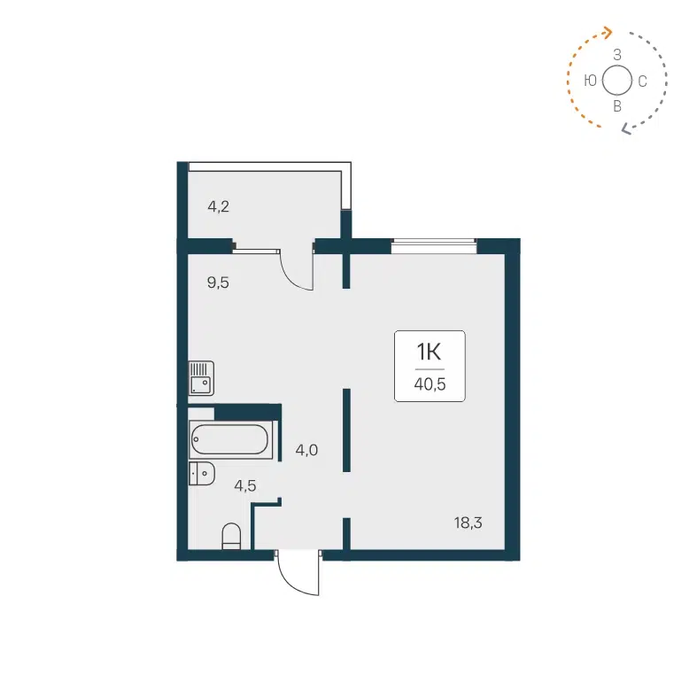 1-комнатная квартира 40.1 м² Квартал на Игарской