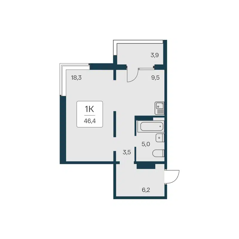 1-комнатная квартира 46.4 м² Квартал на Игарской