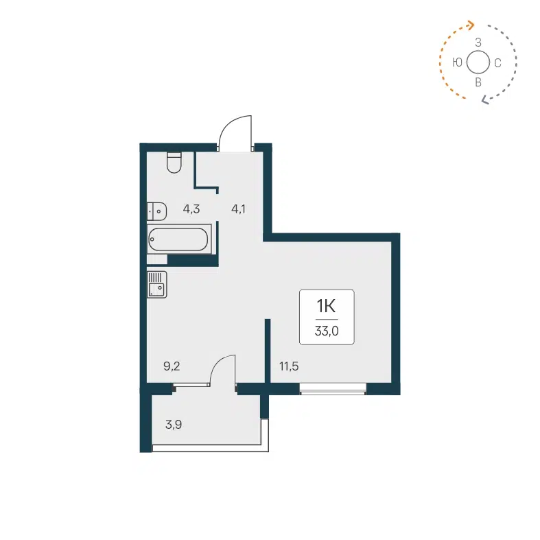 1-комнатная квартира 32.8 м² Квартал на Игарской
