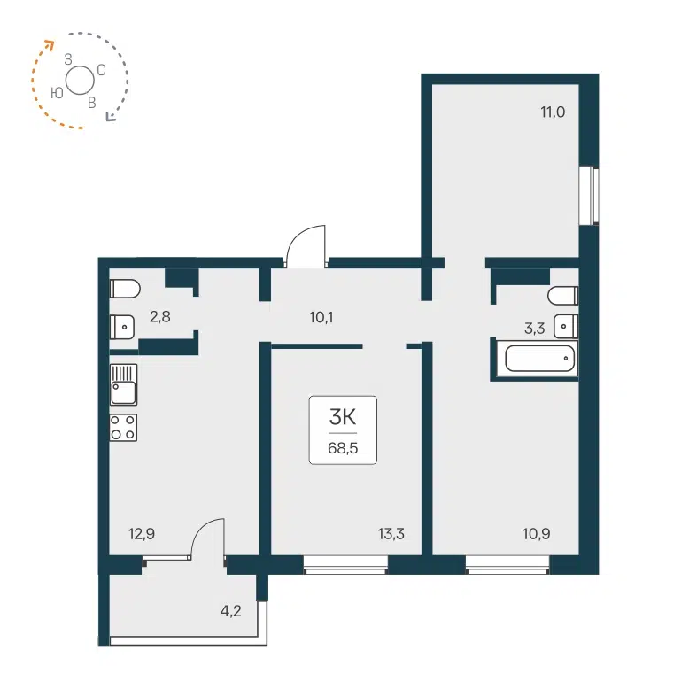3-комнатная квартира 68.8 м² Квартал Сосновый бор