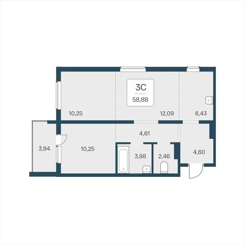 3-комнатная квартира 58.88 м² На Кедровой
