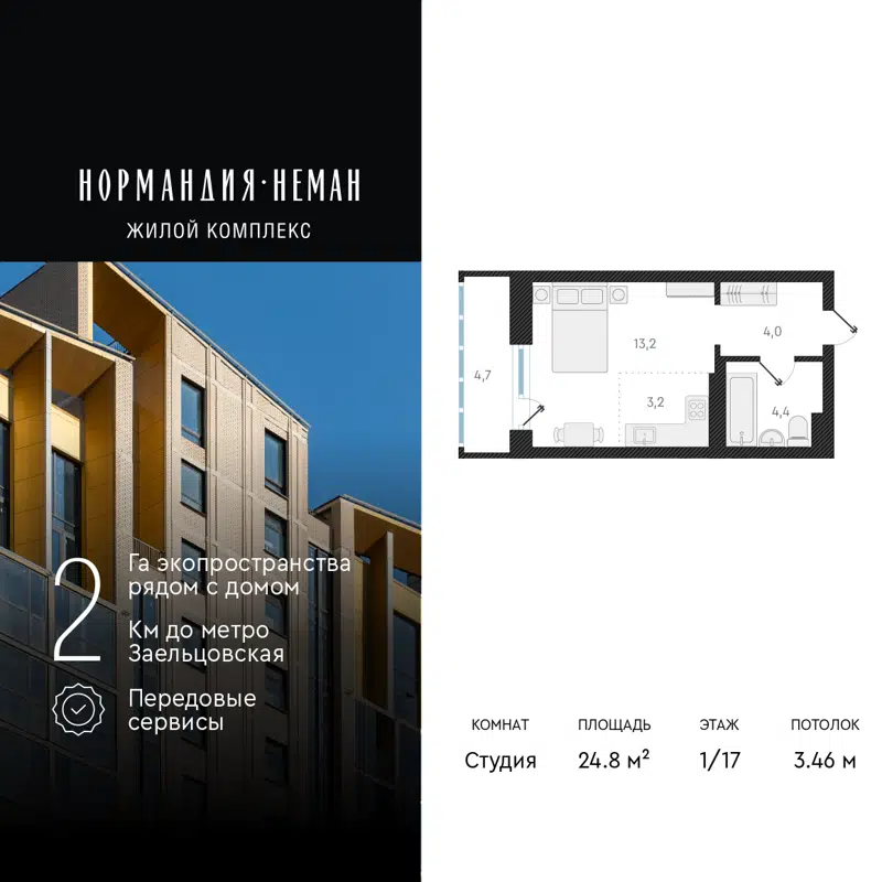 1-комнатная квартира 24.8 м² Нормандия-Неман
